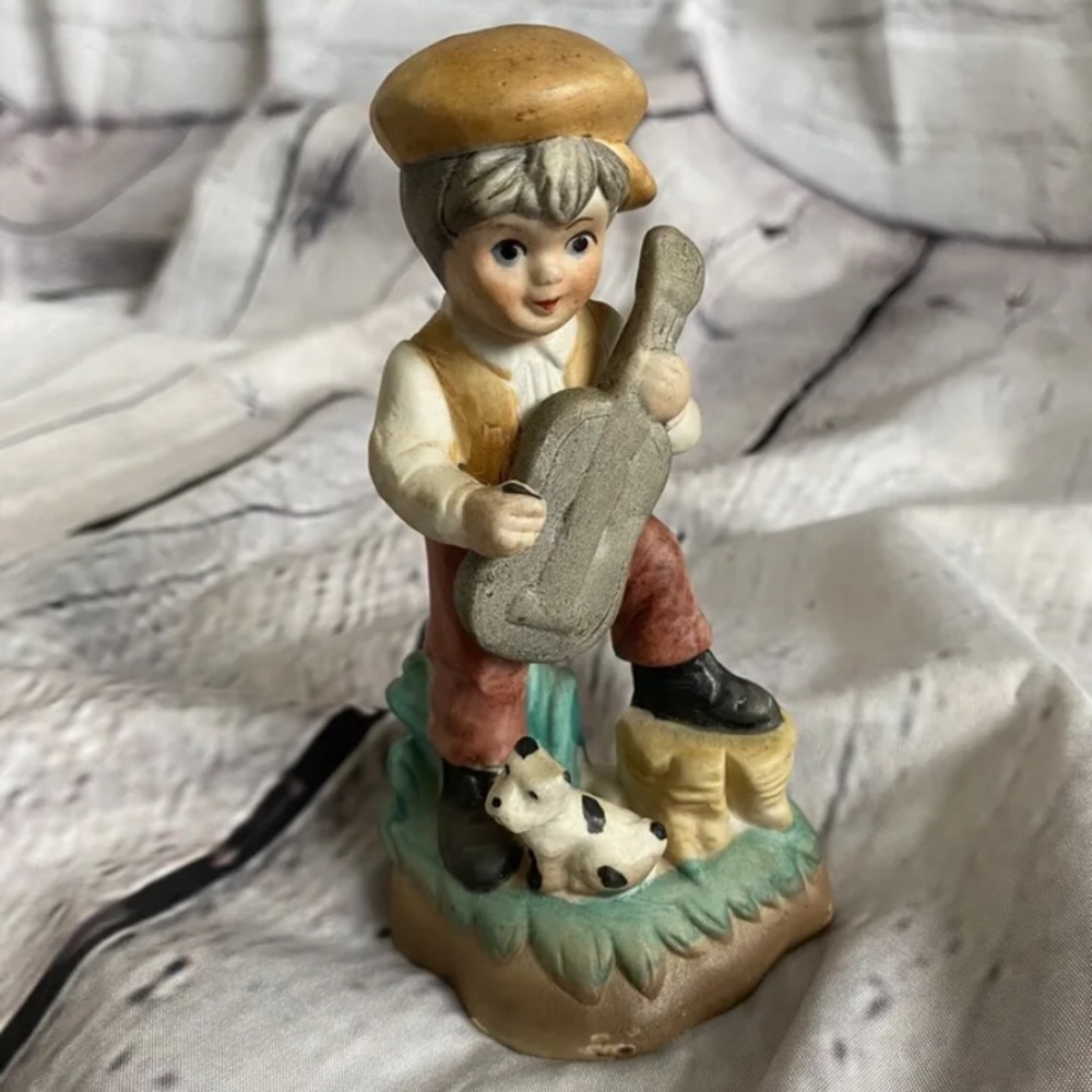Vintage Lefton Little Boy Figurine With Guitar & Puppy 18-A)Lefton Label Missing